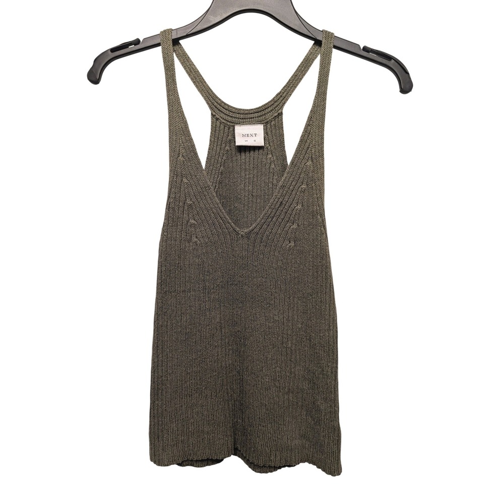 NEXT Linen Ribbed Knit Tank Top Olive Green V-Neck Summer Lagenlook Coastal Chic
